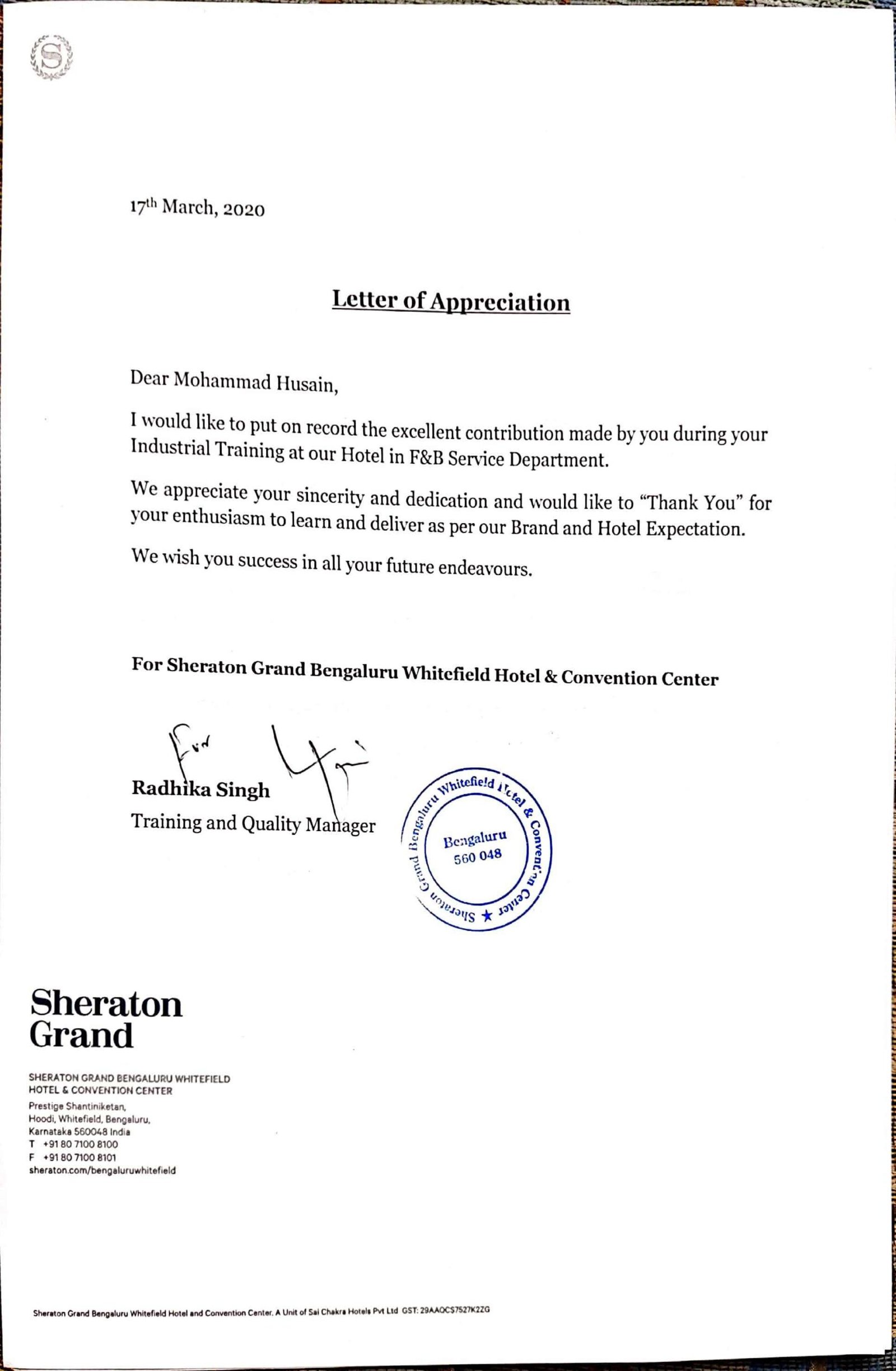 Letter of Appreciation 2020