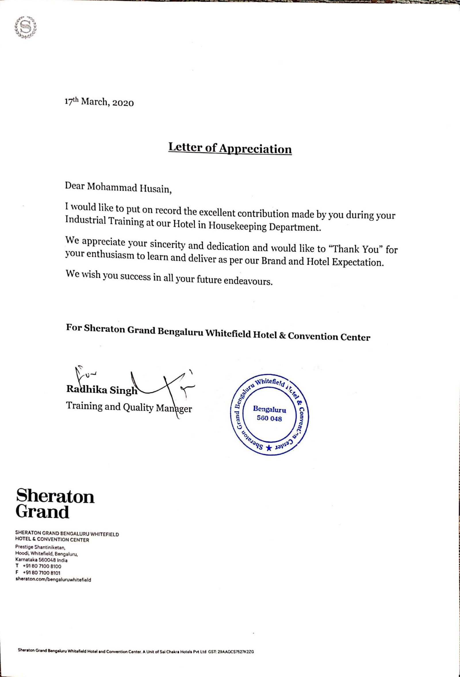 Letter of Appreciation 2020